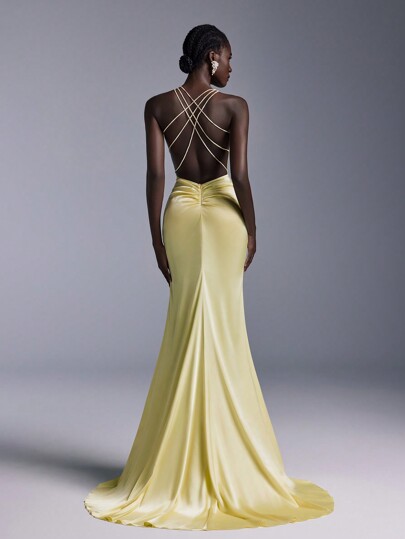 SHEIN Belle Elegant Pale Yellow Satin Minimalist Formal Gown, Wedding Guest Dress, Sexy Low Back, Flounce Fish Tail Train, Formal Evening Dress, Party Dress
