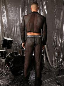 FeverCity Men's Loose Mesh Panel Cropped Long Sleeve Blazer Set - Black - View 3