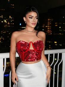 SHEIN SXY 女士纯色亮片镂空短款吊带背心上衣