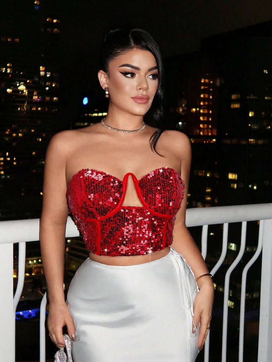 SHEIN SXY 女士纯色亮片镂空短款吊带背心上衣