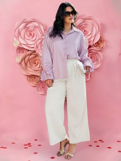SHEIN LUNE Plus Size Women's Valentine's Day Spring And Autumn Pink And Purple Long-Sleeved Cuffs With Tie Design Loose Casual Fashionable Going Out Women's Blouse Party Shirts Elegant Office Wear, Plus Size Women Elegant Commuter Simple Fashion Versatile Bestseller Shirt ,Spring/Summer Versatile Popular Design Stylish For Everyday Wear Elegant Blouse Women Shirt