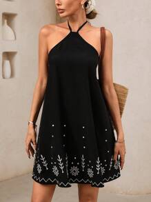 SHEIN VCAY 女士度假休闲刺绣露背系带短裙 - 黑色 - 查看 6