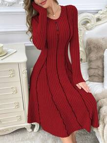 Women's Long Sleeve Casual Split Line Contrast Color Patchwork Skirt Dress - Red - View 5