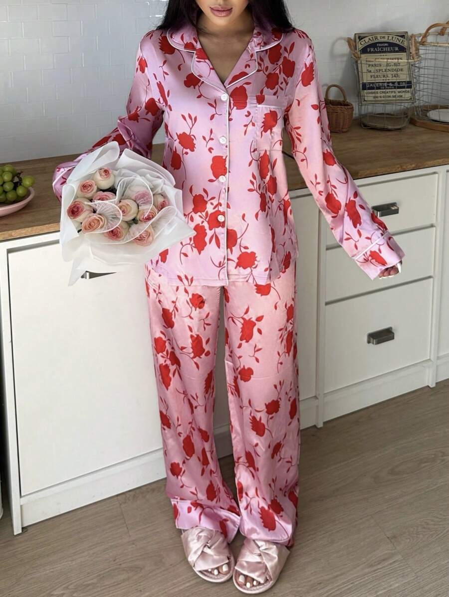 Women Full Flower Print Long Sleeve & Long Pants Pajama Set - Multicolor - View 1