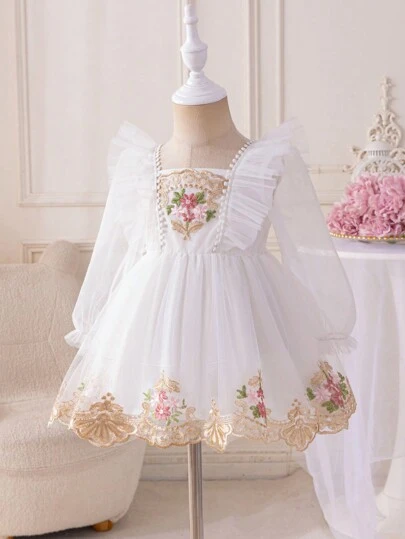 Glamorique Kids 女宝宝春夏荷叶边网眼花卉刺绣拼接优雅可爱公主裙