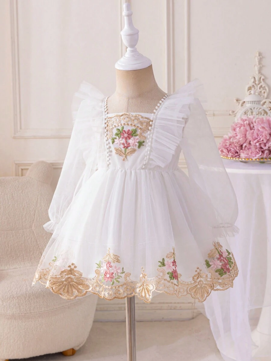 Glamorique Kids Váy công chúa thêu hoa lưới xếp nếp thanh lịch dễ thương cho bé gái mùa xuân/hè - trắng - Xem 1