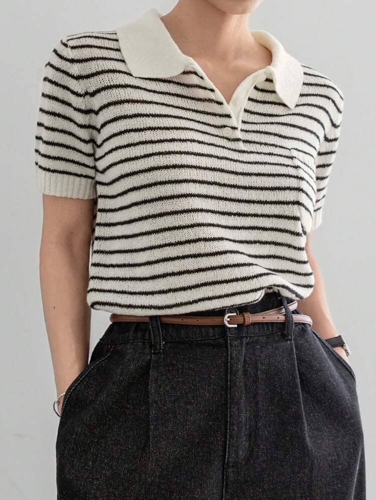 Women's Business Casual Stripe Color Block Patchwork Short Sleeve Collared Knitted Top, Teacher