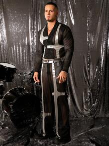 FeverCity Men's Loose Mesh Panel Cropped Long Sleeve Blazer Set - Black - View 4