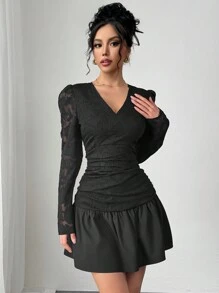 Chiquease Damen V-Ausschnitt Langarm Mini Kleid, lässig und stilvoll für den täglichen Gebrauch - Schwarz - Übersicht 4