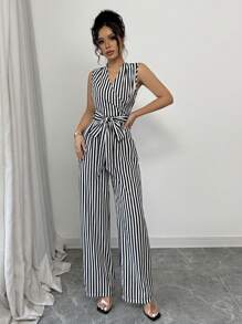 Elenzga 女士条纹重叠 V 领无袖休闲连体裤 - 黑與白 - 查看 6