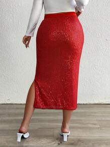 SHEIN Unity 大码亮片侧开衩紧身红色裙子，情人节时尚