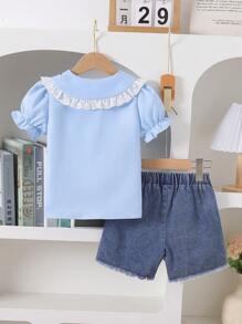 SHEIN 2 peças/conjunto de camisa elegante para meninas, azul claro, floral, bordado, gola babada, manga bufante, combinada com shorts jeans com estampa de coração, verão - Baby Azul - Ver 2
