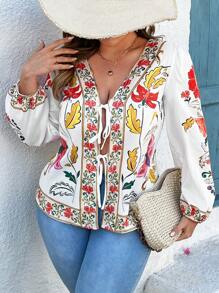 SHEIN Clasi Plus Size Casual Floral Print Puff Sleeve Shirt - Multicolor - View 3