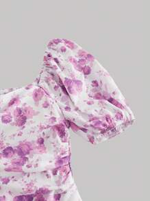 SHEIN MOD 紫色花卉印花不对称腰部开衩中长连衣裙