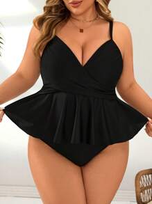 SHEIN Swim Lushore Plus Size Women 2pcs Solid Color Cross Ruffle Hem Hem Split Side Tankini Set, For Summer Beach Vacation - Black - View 6