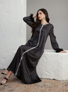 Graceveil Women's V-Neck Loose Polka Dot Silver Foil Furry Elegant Arabic Long Dress Modest - Black - View 4