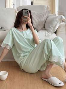 DAZY 2 件套女士条纹宽松短袖睡衣套装 - 綠色 - 查看 3