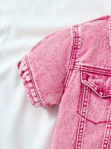 2pcs/Set Tween Girls Denim Top + High Waisted Mini Skirt, Pink - Pink - View 5