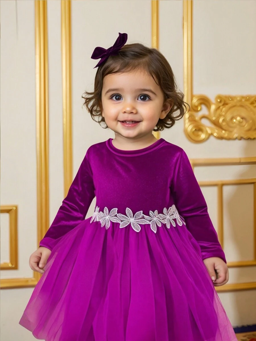 SHEIN Elladie kids Ramadan Partywear Mesh Dress, Baby Girl Luxury Velvet Mesh Patchwork Princess Dress - Violet Purple - View 1