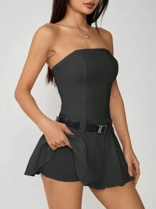 SHEIN PETITE Solid Tube Pleated Hem Belted Tube Short Summer Dress - Dark Grey - View 5
