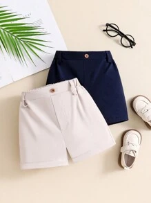 Souflis Souflis 2pcs Toddler & Baby Boys Minimalist Gentleman Style Solid Color Vintage Button Decor Casual Shorts, Suitable For Daily Wear, Party, School, Vacation, Spring/Summer - Multicolor - View 1