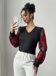 Chiquease 女士优雅刺绣拼布长袖衬衫 - 黑色 - 查看 5