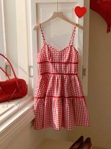 Comfortcana 女士格子荷叶边下摆吊带迷你连衣裙 - 紅色 - 查看 4