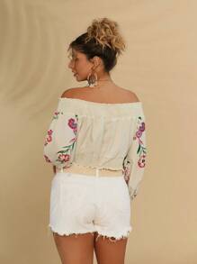 SHEIN VCAY Hơn In hoa Off Shoulder Tay áo lồng đèn Áo sơ mi - Màu be - Xem 2