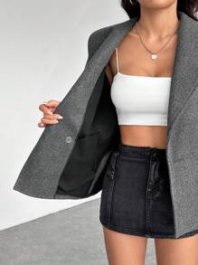 SHEIN PETITE Abrigo elegante de mezcla de lana gris, cálido para otoño e invierno, nuevo lanzamiento