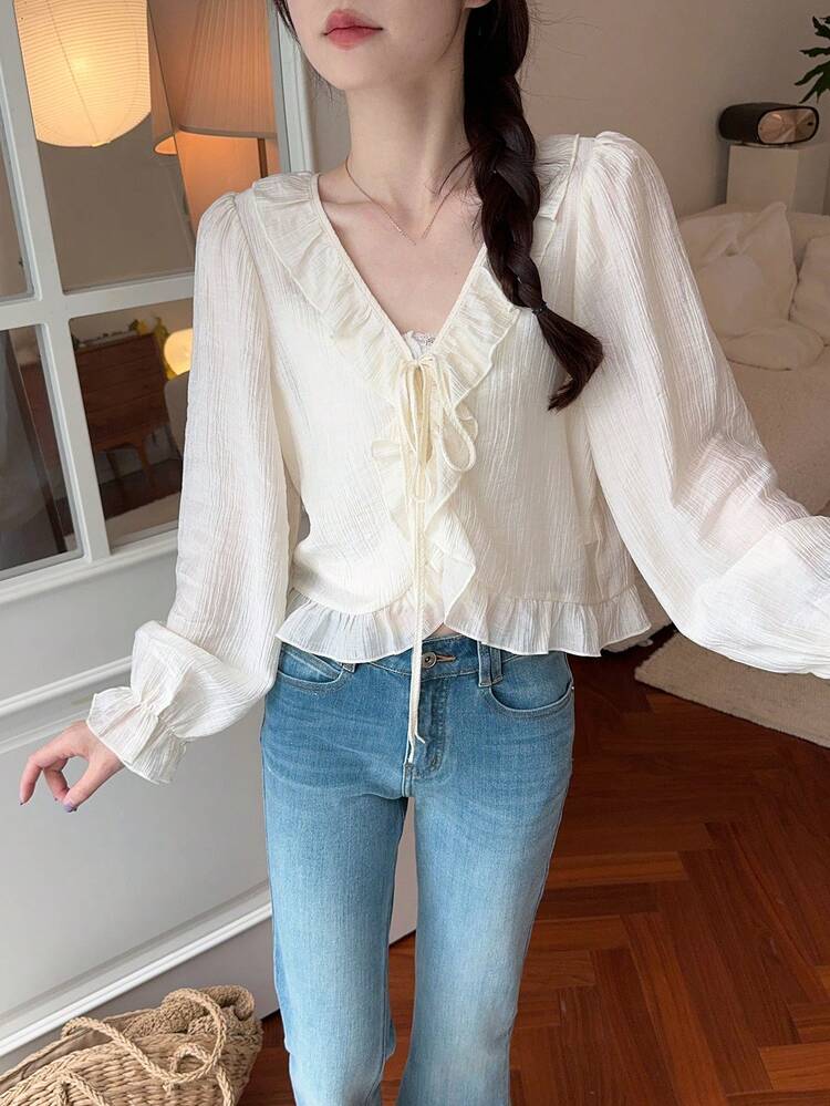 Women Casual Ruffle Detail Long Sleeve Blouse Summer,Fall Clothes