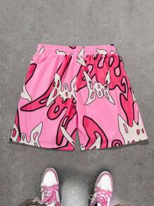 PAVTROS Quần short nam đơn giản có túi in họa tiết buộc phía trước, trang phục thường ngày, quà tặng cho bạn trai - Hồng - Xem 2