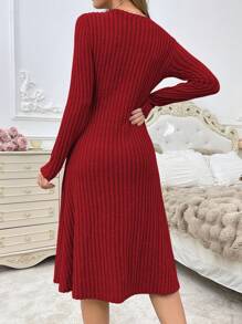 Women's Long Sleeve Casual Split Line Contrast Color Patchwork Skirt Dress - Red - View 2