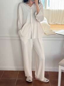 DAZY Soft Knit Jacquard & Lace Trim Loose Pajamas Set - Beige - View 1