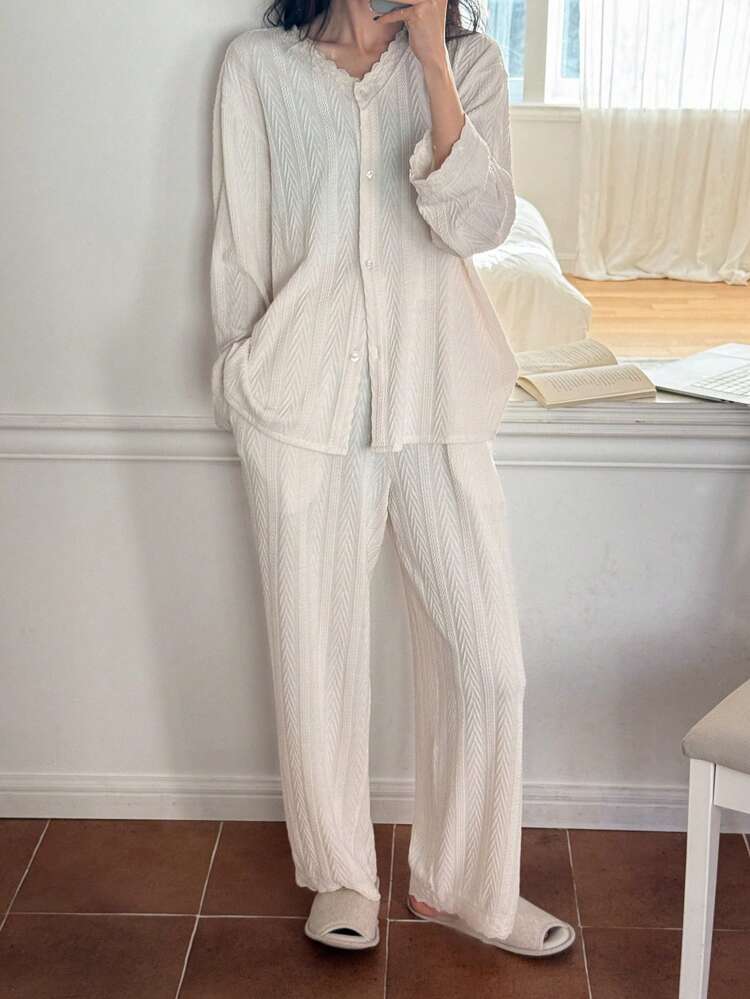 Soft Knit Jacquard & Lace Trim Loose Pajamas Set