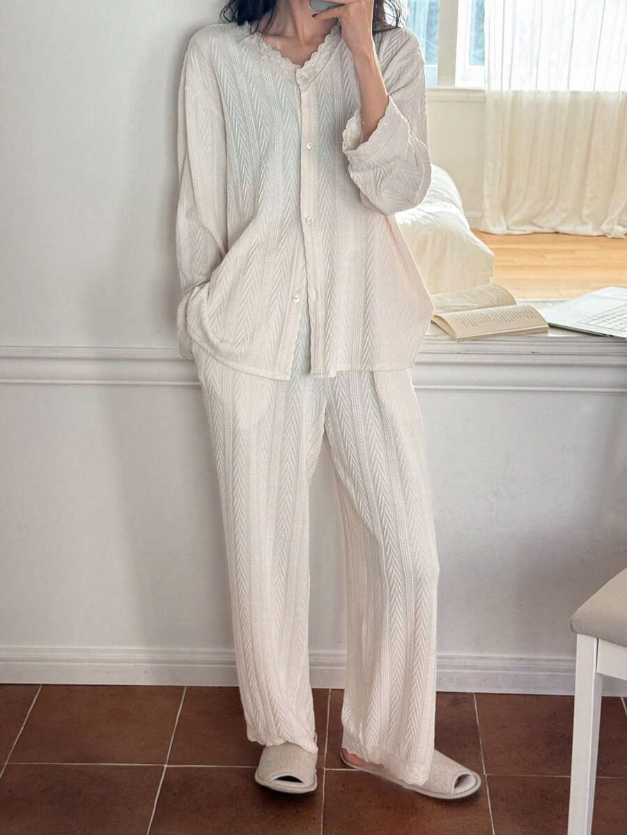 DAZY Soft Knit Jacquard & Lace Trim Loose Pajamas Set - Beige - View 1