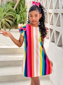 Tween Girls' Vacation Casual Fashion Woven Colorful Striped Round Neck Short Sleeve Dress