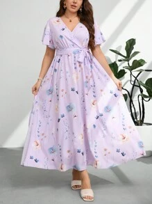 Firerie 大码女式 V 领宽松飘逸踝长度假连衣裙，随机印花和系带腰部，复活节连衣裙，夏季 - 淡紫色 - 查看 6