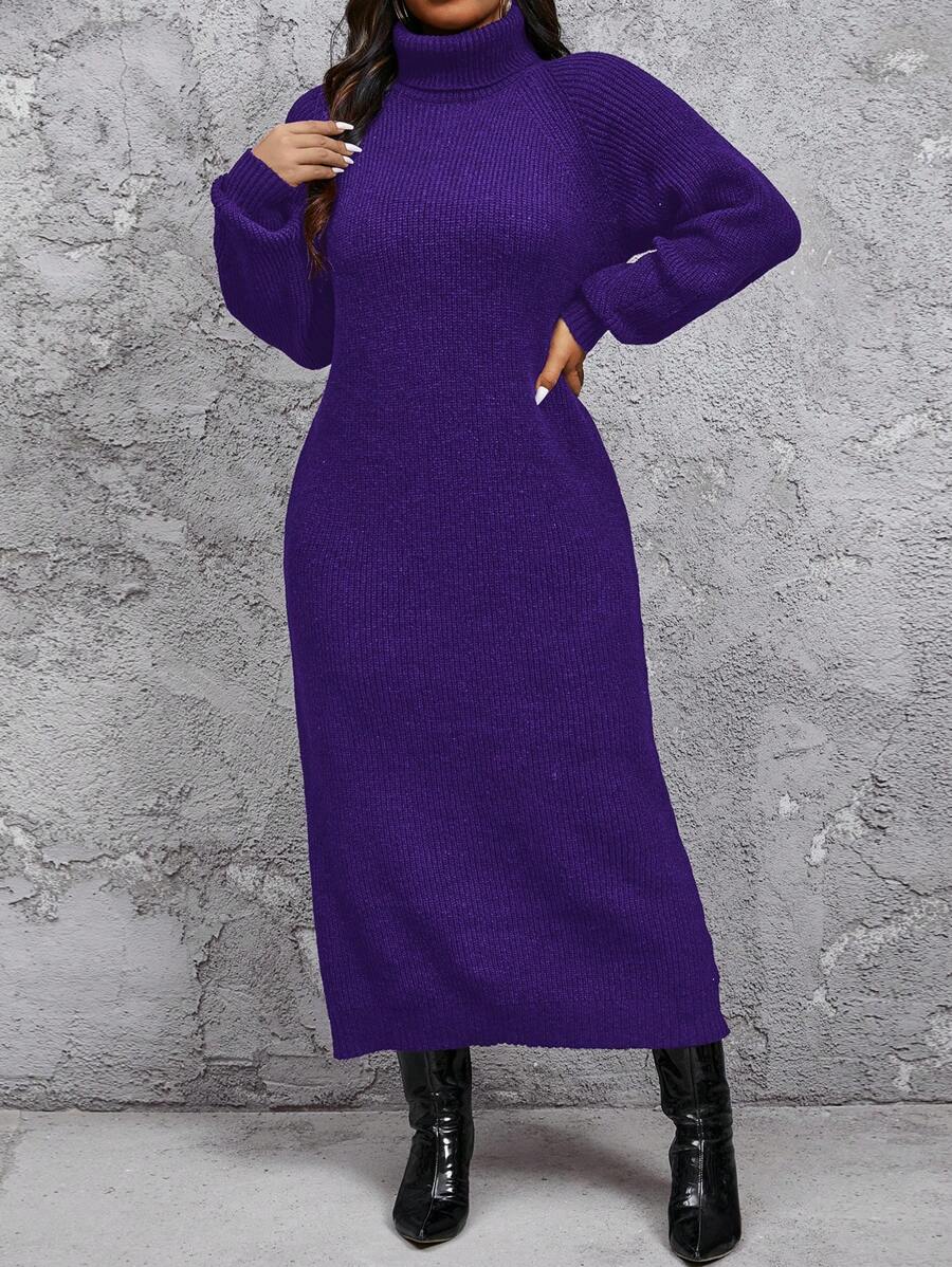 SHEIN Privé Plus Size Comfortable Casual Loose Fit High Neck Thick Fleece Pullover Sweater Dress, Can Be Worn As Outerwear Or Standalone, Women's Black Long Sleeve Knit - Purple - View 1