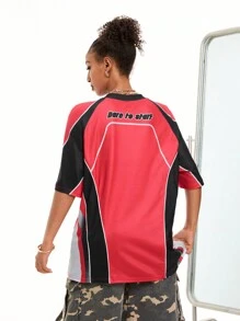 SHEIN EZwear Camiseta de mujer de manga raglán con cuello redondo y estampado de letras core block para salir en primavera/verano - Multicolor - Ver 2