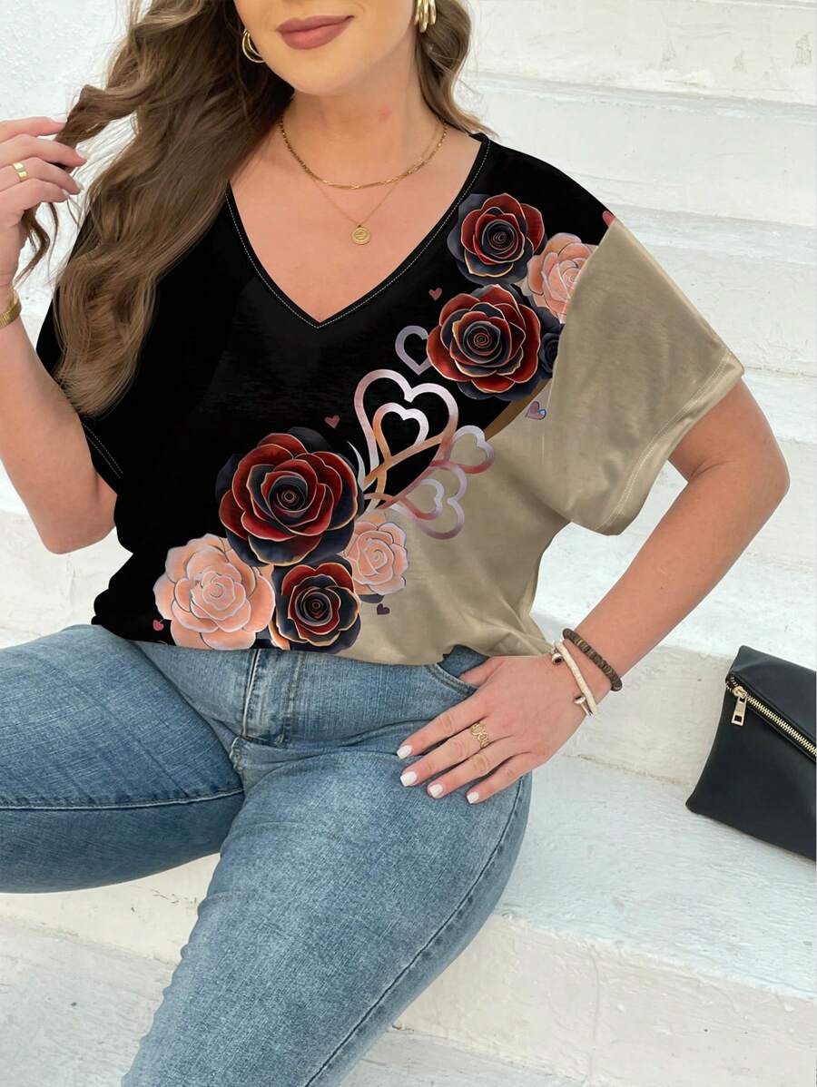 EMERY ROSE 休闲简约心形与玫瑰图案 V 领短袖修身大码女式 T 恤，适合夏季 - 白色 - 查看 1