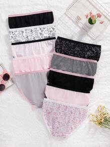 10pcs/Pack Girls Heart, Star, Line & English Letter Allover Print Fashionable Cute Cartoon Styles Underwear For Young Girls