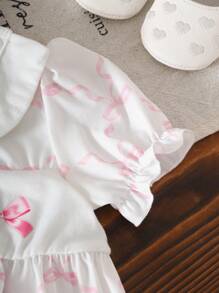 Souflis Souflis Baby Girls Summer Simple Pink Butterfly Pattern Puff Sleeve Adorable Gather Ruffle Hem Casual Outing Essential