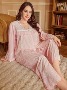 PalaceNights 3D Floral Patchwork Palace Style Embroidery Long Sleeve Pajama Set, Plus Size