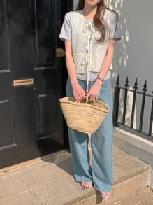 DAZY Damen Band-up Schleife Dekor Patchwork Crop Top Sommer Trägerhemd - Beige - Übersicht 3