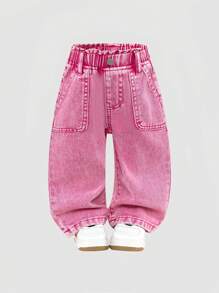 Baby Girl New Fashion Ruffled Waist Washed Denim Straight Leg Pants, Fuchsia,Holiday,Summer,Travel
