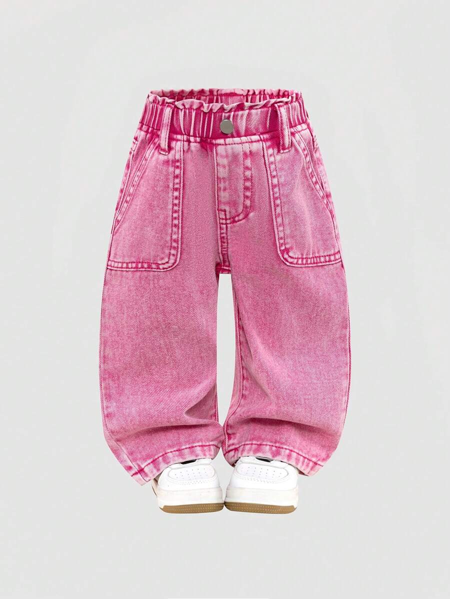 Baby Girl New Fashion Ruffled Waist Washed Denim Straight Leg Pants, Fuchsia,Holiday,Summer,Travel