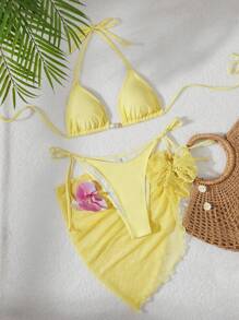 Swim SXY 3pcs/Set Women Solid Color Leisure Holiday Set: Triangle Backless Bikini Top, Textured Floral Skirt, Sheer Sexy Beach Swimwear For Summer Beach Vacation