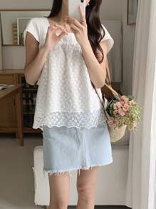 DAZY 女士和女孩休闲无袖蕾丝拼布衬衫娃娃装上衣 - 白色 - 查看 2