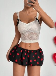 SHEIN Unity Minifalda casual de mujer con estampado de corazón y volante en el bajo, adecuada para primavera/verano, uso diario, salidas, citas, Día de San Valentín - Negro - Ver 4