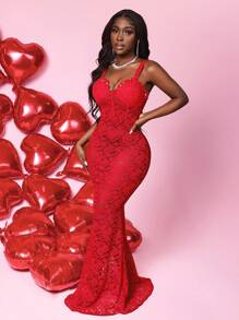 BamGleam Vestido de noche de sirena rojo de encaje transparente con tirantes finos para el Día de San Valentín - Rojo - Ver 6